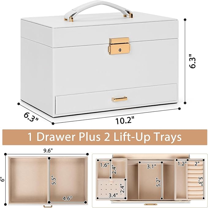 AKOZLIN Travel Jewelry Box Organizer Functional 2-trays Leather Jewelry Storage Case with Lockable Portable Drawer for Women Girls Ring Necklace Earring Bracelet