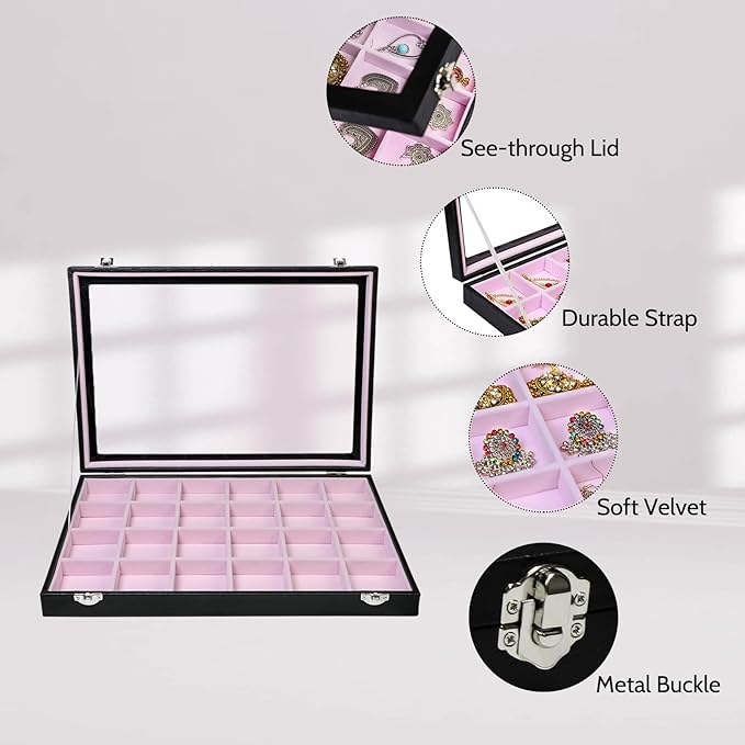 Stratalife Earring Organizer Velvet Jewelry Organizer Box Jewelry Display Storage Tray Ring Case with Clasp for Women 24 Grid (Pink Black)