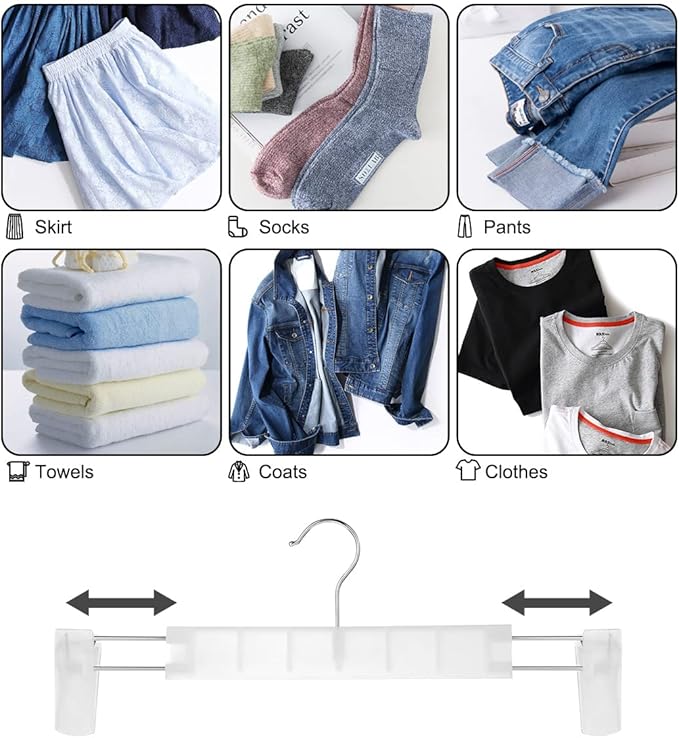 GUANJUNE Clothes Pants Hangers, Space-Saving Skirt Holders with 360 ° Swivel Hooks, Adjustable Clips, Trouser Hangers, Clothes Coat Garment Jeans Hangers (30 Pack, Transparent)