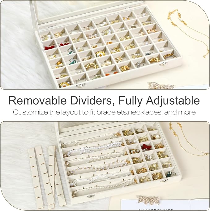 Velvet Jewelry Organizer Storage Tray, 48 Grid Adjustable Earring Holder Organizer with Clear Lid, Jewelry Display Box for Earrings, Rings, Necklaces and Studs, Gift for Women and Girls