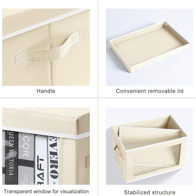 Homsorout Large Storage Baskets Bins with Lids - Stackable Cube Bins for Closet, 3 Pack Beige Windows Organizer Bins, Home Organizers and Storage for Clothes, CD, Towels