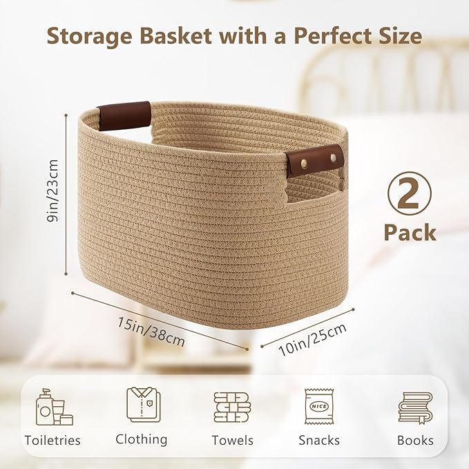 ECDYQXVU Cotton Rope Basket, Storage Baskets with Handle, 15x10x9 Inch Woven Basket for Shelves, Laundry, Towels, Clothes, Books (Jute/Brown 2Pack)