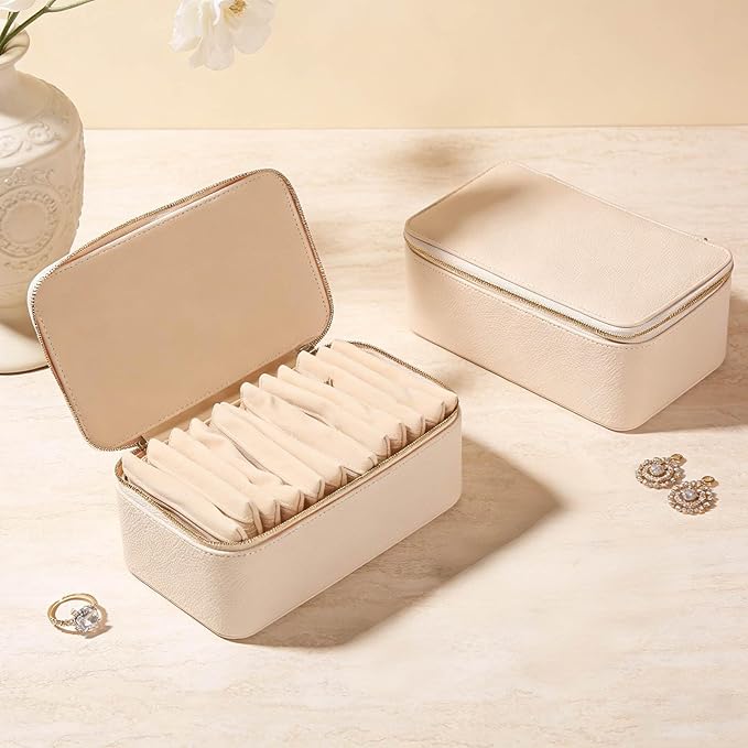 Travel Jewelry Organizer, Travel Jewelry Box with 12 Velvet Zipped Pouches Bags for Jewelries Necklaces Rings Earrings Sorting Storage for Women Girl Gifts, Ivory