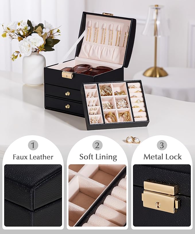 Homde Mothers Day Gifts Small Girls Jewelry Box with Lock: 3 Layer Organizer with Removable Tray - Storage for Ring Necklace Earring - Birthday & Return Gifts for Young Women (Graphite Black)