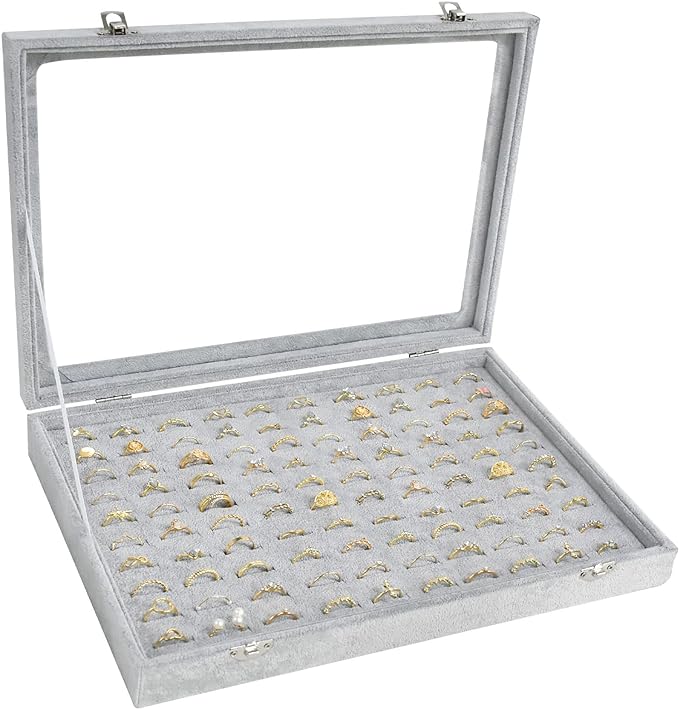 Siveit Ring Display Case Organizer Box with Transparent Lid 100 Slot Holder Showcase For Store Display Jewelry Show Home Organizer For Jewelry Rings Studs Earrings (Grey)