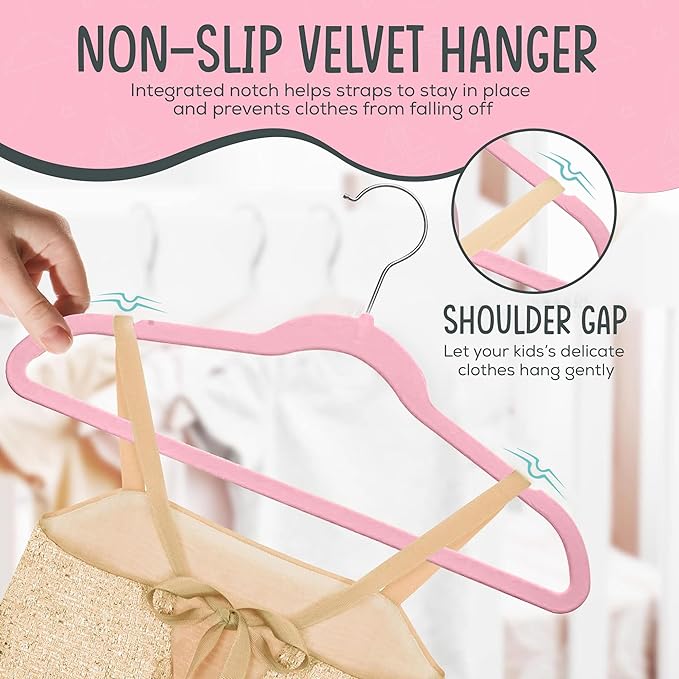 TechZoo 50 Premium Kids Velvet Hangers - 14" Non-Slip Clothes Hangers for Kids & Preteens - Ultra Slim, Space-Saving, Strong & Durable Hangers with 360° Swivel Hook - Pink