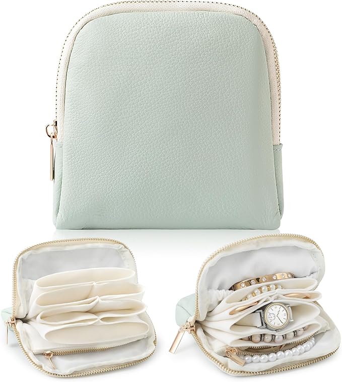 Genuine Leather Travel Jewelry Organizer Case Pouch Bags with Zipper, Small Mini Portable Jewelry Storage Bag for Ring Earrings Necklace Bracelet Travel Essentials Gift for Women（Mint Green）