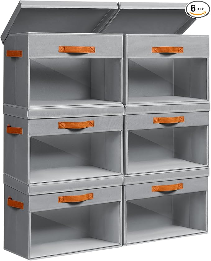 Homsorout Large Storage Bins with Lids - 6 Pack Foldable Decorative Organizers with Clear Windows & Handles, Cube Storage Organizers for Clothes, Blankets, Sweaters, Sheets, Grey