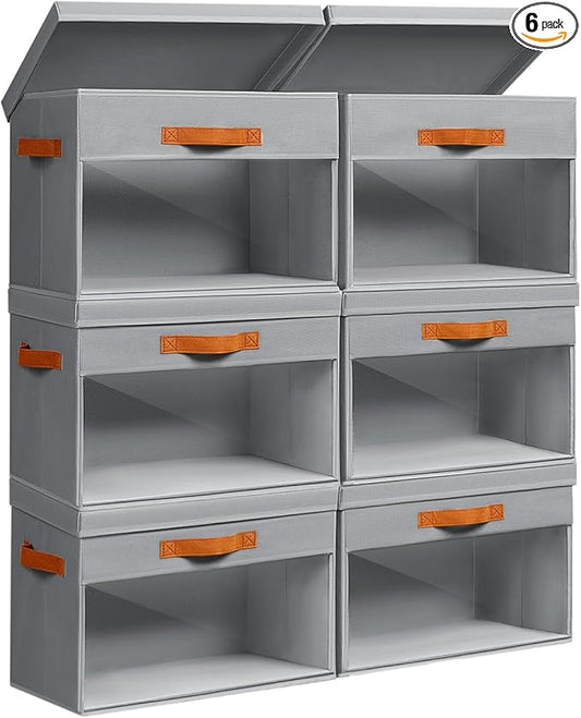 Homsorout Large Storage Bins with Lids - 6 Pack Foldable Decorative Organizers with Clear Windows & Handles, Cube Storage Organizers for Clothes, Blankets, Sweaters, Sheets, Grey
