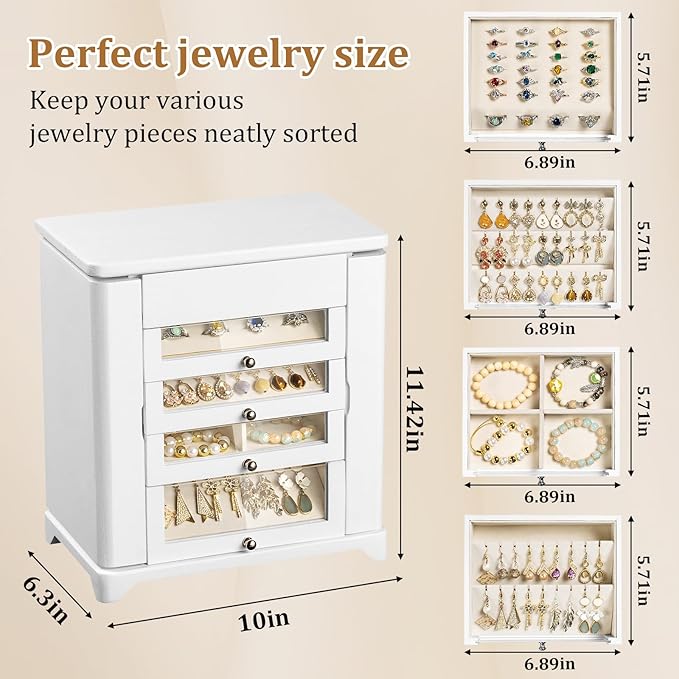 Large Jewelry Box & Organizer for Women, Wooden Jewelry Storage with 4 Transparent Drawers, Holds Necklaces, Rings, Bracelets, Earrings and Watches(White)