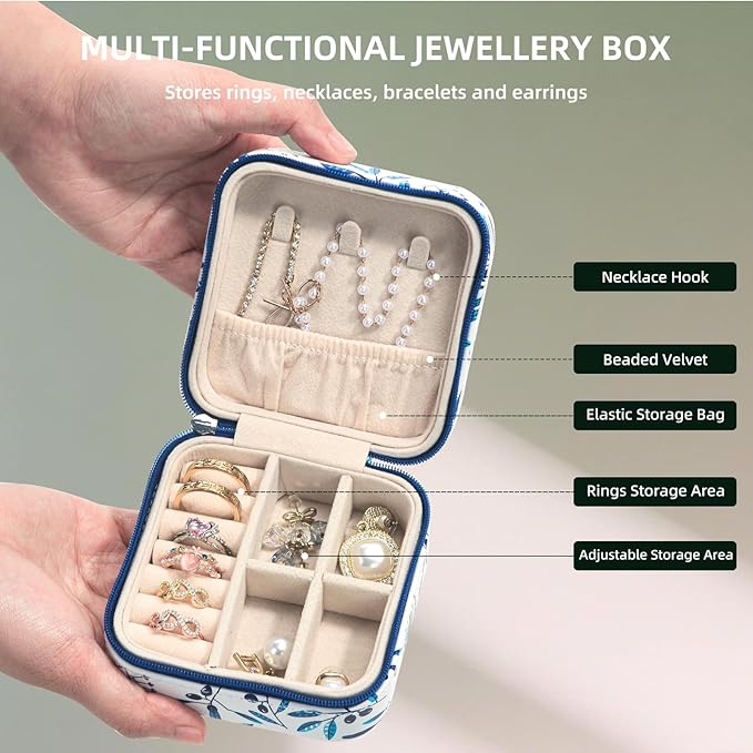 shunmei Mini Travel Jewelry Box,PU Leather Portable Jewelry Organizer Case,Art Accessories Storage Holder Boxes for Earring, Necklace, Rings, Bracelets (Leaf)