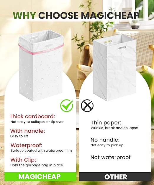 Magicheap Disposable Trash Cans for Party 4 Pack, 13 Gallon Thick Cardboard Garbage Cans with Clip & Handle, Reusable Portable Trash Bin for Parties Events Camping (13.5"L x 10.0"W x 21.7"H), White