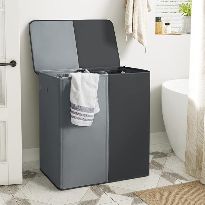 WOWLIVE Double Laundry Baseket with Lid and Removable Laundry Bags,154L Large Laundry Hamper 2 Section Collapsible Dirty Clothes Hamper for Laundry Room,College Dorm,Bathroom, Black and Grey