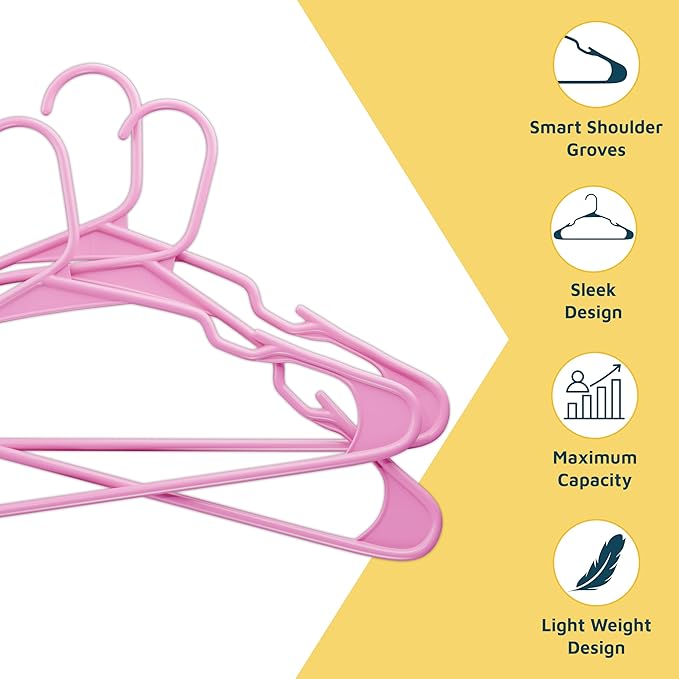Lifemaster Plastic Clothes Hangers – Heavy Duty Hanger Set, for Organizing Clothes, Dresses, and Coat, Holds Up to 5 lbs, Space-Saving Hangers with Non-Slip Shoulder Grooves, Pack of 5, Pink