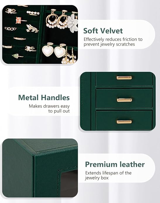 Homde Large Jewelry Box/Organizer/Case with Glass Window, Drawers for Necklaces Earrings Rings Bracelets Watches Gift for Women Girls