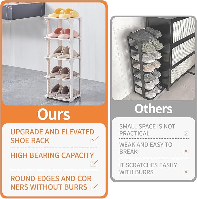 5 Tiers Shoe Rack Organizer for Closet Shoe Holder Storage Narrow Plastic Vertical, Free Standing Shoe Rack Shelf for Entryway Stackable Stability DIY, Beige