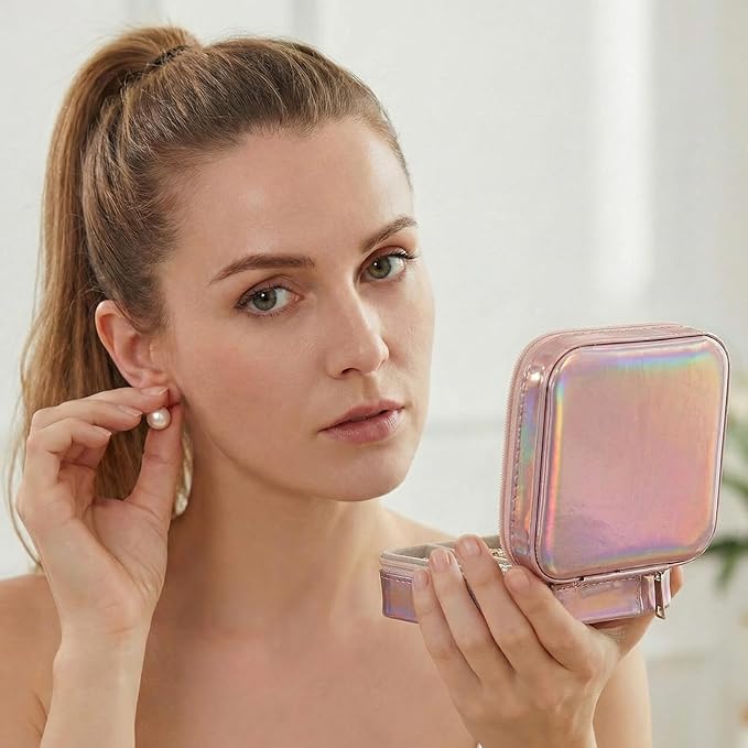 Nosiny 2 Pack Travel Jewelry Case with Mirror Small Laser Jewelry Box Organizer Gifts for Mother's Day Women Rings Earrings(Sakura Pink and Pastel Color)
