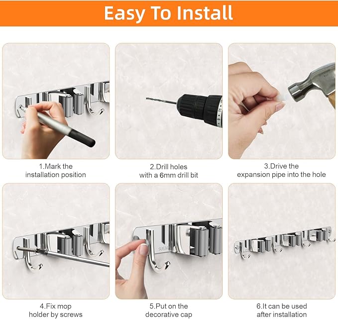 CUXIXA Mop and Broom Holder Wall Mount, Upgraded Broom Organizer Wall Mount, Stainless Steel Broom Hanger Wall Mount for Home Kitchen Garden Laundry Garage (4 Racks with 5 Hooks Silver)