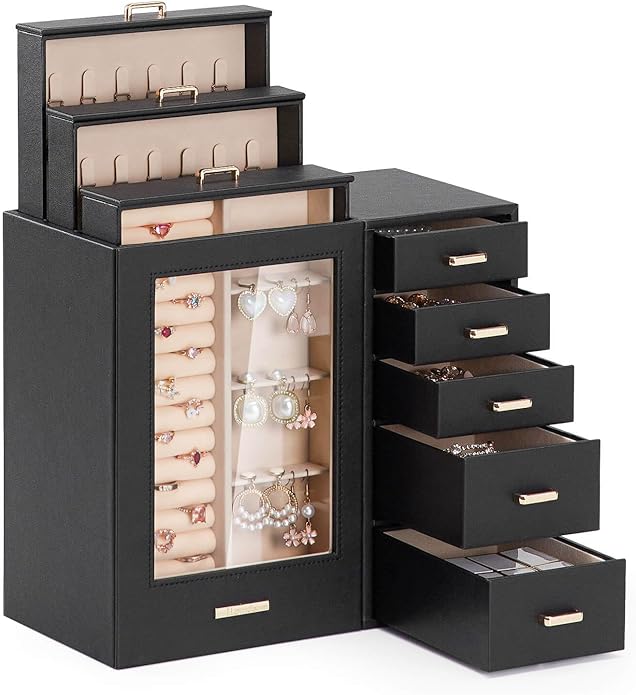 Homde Large Jewelry Box/Organizer/Case with Glass Window, Drawers for Necklaces Earrings Rings Bracelets Watches Gift for Women Girls