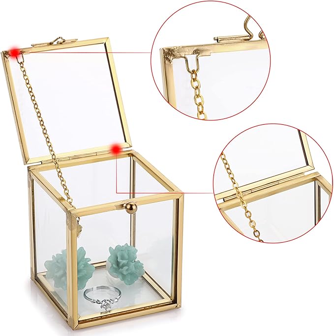 Hipiwe 2 Packs Vintage Glass Jewelry Organizer Box - Small Golden Metal Keepsake Box Desktop Jewelry Organizer Holder, Wedding Birthday Gift, Square Vanity Decorative Box for Dresser Bathroom