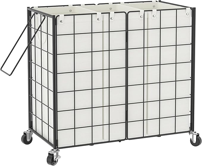 WOWLIVE Laundry Hamper with Wheels,Metal Wire Frame Rolling Laundry Basket 3 Section with Removable bags,150L Dirty Clothes Hamper Organizer Dorm Room Storage for Bedroom,Bathroom,Black and White