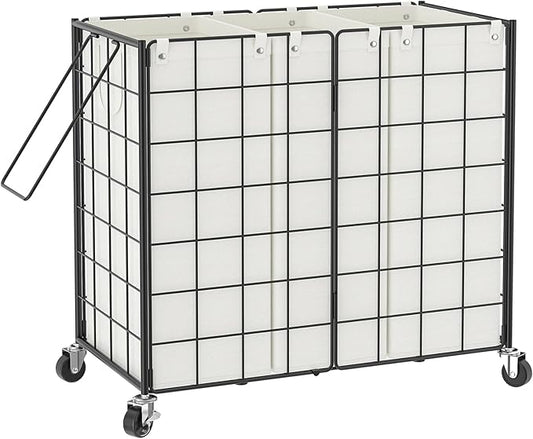 WOWLIVE Laundry Hamper with Wheels,Metal Wire Frame Rolling Laundry Basket 3 Section with Removable bags,150L Dirty Clothes Hamper Organizer Dorm Room Storage for Bedroom,Bathroom,Black and White
