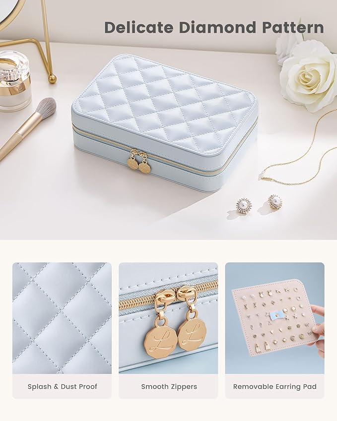 Lolalet Travel Jewelry Case for Women Girls, PU Leather Jewelry Organizer with Clear Storage Bag Small Portable Jewelry Box for Necklace Bracelet Earring Ring Mothers Day Birthday Gifts -Large/Blue