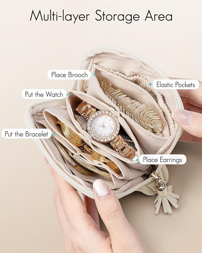 VLANDO Small Travel Jewelry Case,Mothers Day Gifts,Jewelry Pouch Bags with Zipper,Velvet Jewelry Organizer Storage Bag for Bracelet Rings Earring-Cream White