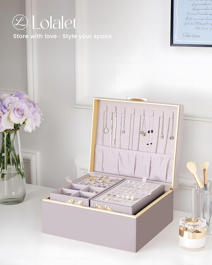 Lolalet Jewelry Box Organizer for Women Girls, 2 Layer Jewelry Organizers and Storage for Necklace Earrings Rings Bracelets, Large Jewellery Holder Case Birthday Mothers Day Gifts -HazePurple