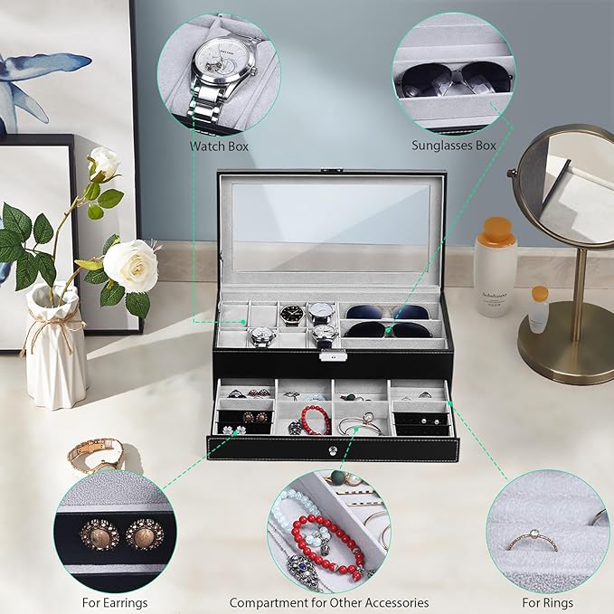 TomCare Watch Box Watch Case Jewelry Organizer Holder Jewelry Display Box Case Sunglasses Storage Organizer Lockable with Glass Top and PU Leather for Men Women, Black