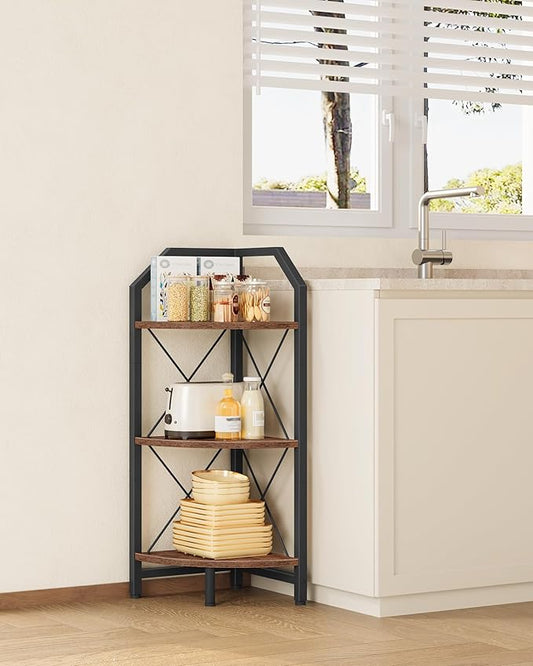 CHOEZON 3-Tier Corner Shelf, Industrial Corner Bookshelf, 35.4" Storage Stand, Plant Stand Display Shelf, Bookcase for Bedroom, Living Room, Home Office, Rustic Brown and Black TCJ03BF