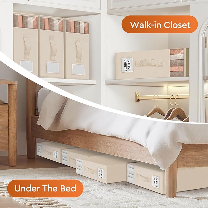 StorageTastic 8 Pack Bed Sheet Closet Organizers and Storage,Sturdy Foldable Storage Containers with Window and Label,Storage and Organization for Bedding Sheets,Duvet Covers,Blankets (Beige)