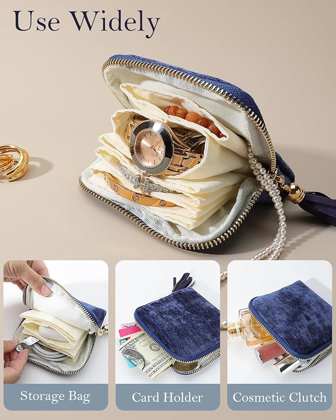 COOLYOUTH Travel Jewelry Case Organizer for Women Portable Jewelry Box with Small Pouches Mini Jewelry Bag for Rings, Bracelets, & Bangles with Smooth Metal Zipper (Royal Blue)