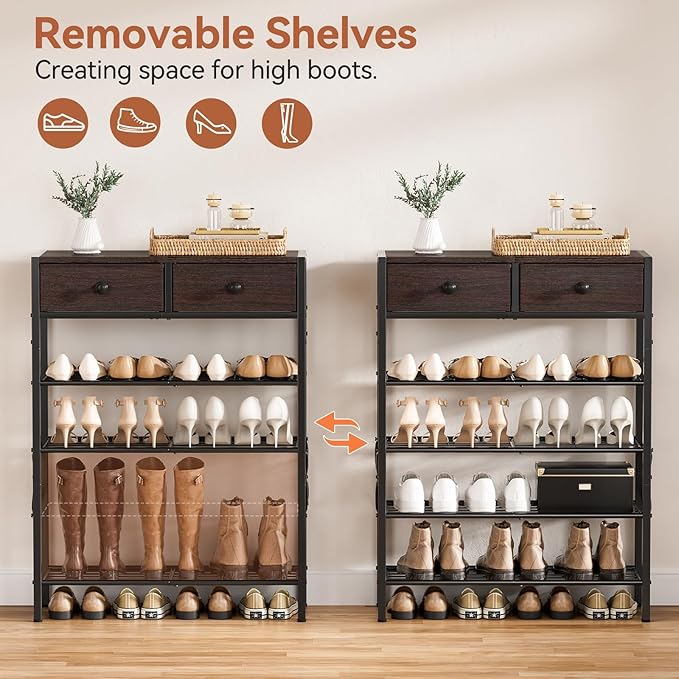 Shoe Rack for Entryway, 5 Tier Shoe Organizer with 2 Non-Woven Drawers, Metal Storage Shoe Shelf for 16-20 Pairs of Shoes, with Wooden Top and Steel Frame, Shoe Stand for Closet Dark Brown