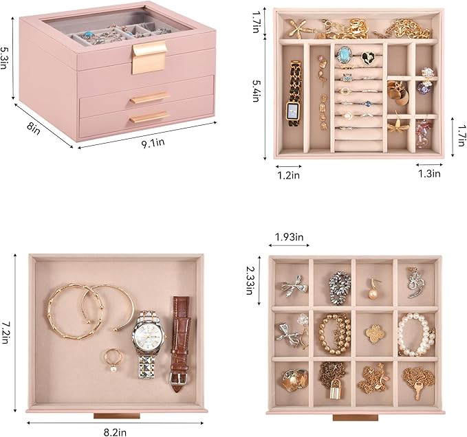 Somduy Jewelry Box Organizer for Women,3 Layers Jewelry Storage Display Box with Glass Lid,Gift for Christmas,3 Drawers,Large Capacity for Necklace Earrings Bracelets Rings,Pink