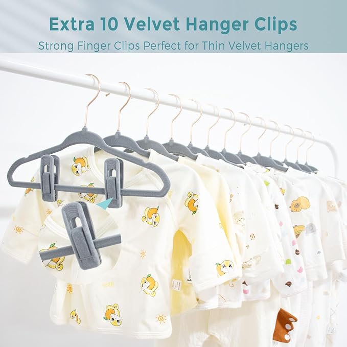 Tonswachic Velvet Baby Hangers 30 Pack - 11 Inch Non-Slip Kids Hanger for Newborn Clothes - Small Toddler Child Hangers Durable for Every Use - 10 Hanger Clips Included, Gray
