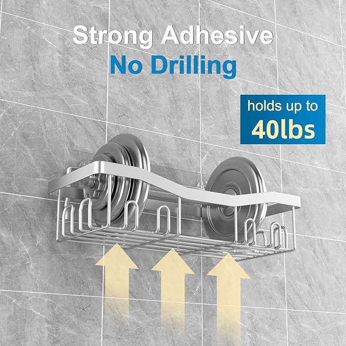 Youvip Adhesive Shower Caddy, No Drilling Bath Organizers 5 Pack, Rustproof Shelves with Soap Holder & Toothbrush Holder, Bathroom Organizers and Storage, Silver