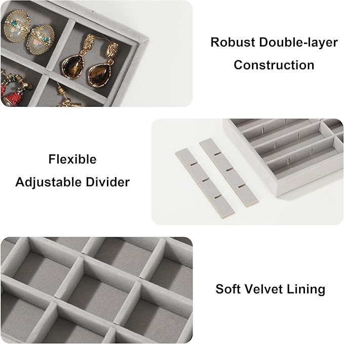 Frebeauty 24 Grid Earring Holder Organizer Tray, Jewelry Organizers and Storage for Drawer,Velvet Jewelry Display Storage for Earrings,Rings,Studs,10.5 x 6.5 x 1.2 Inches Gift for Women (Grey)