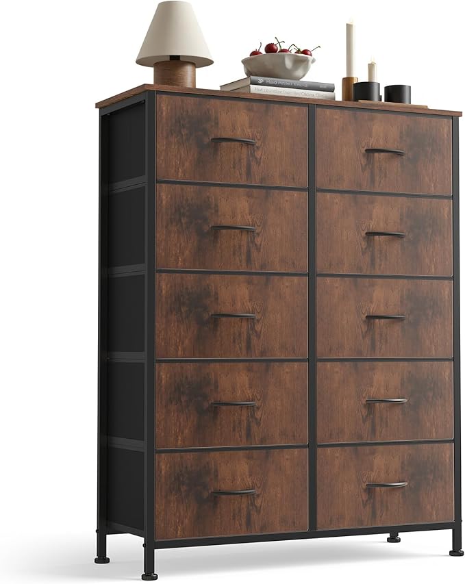 Sweetcrispy 10 Drawer Dresser, Tall Fabric Dresser for Bedroom, Storage Tower with Bins Chest Organizer Unit for Closet, Hallway, Steel Frame Wood Top, Easy Pull Handle, Rustic Brown