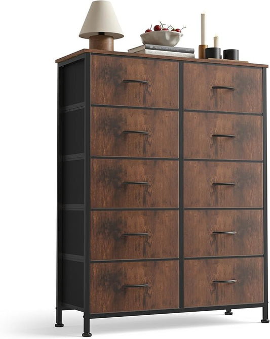 Sweetcrispy 10 Drawer Dresser, Tall Fabric Dresser for Bedroom, Storage Tower with Bins Chest Organizer Unit for Closet, Hallway, Steel Frame Wood Top, Easy Pull Handle, Rustic Brown