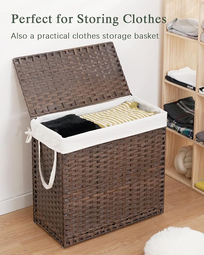 SETVSON Laundry Hamper with Lid Laundry Basket 132 L (35 Gal) Wicker Clothes Hamper, Handwoven Rattan Hamper with Handles and 4 Removable Liner Bags, 6 Mesh Bags for Laundry Bedroom Brown