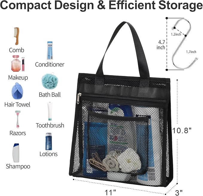 F-color Mesh Shower Caddy Portable Hanging - 3 Pockets Small Shower Bag Tote with Zipper Closure for Camping, Gym Lockers, Travel, Toiletry, Quick Dry Bathroom Essentials with S Hook, Black