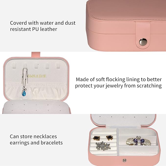 Smileshe Jewelry Box, PU Leather Small Portable Travel Case, 2 Layers Organizer Display Storage Holder Box for Rings, Earrings, Necklaces, Bracelets