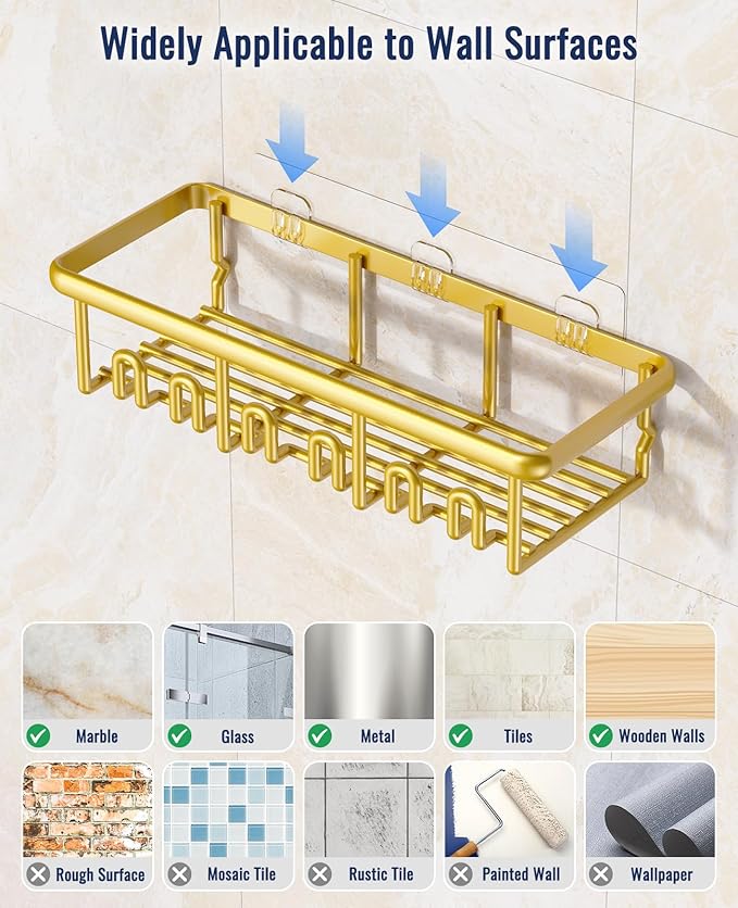 8 Pack Adhesive Rustproof Shower Shelves with Soap Dishes, Toothbrush Holder & Hooks, Large Capacity No-Drilling Shower Shelves Rack for Bathroom Organizers and Storage Accessories, Gold