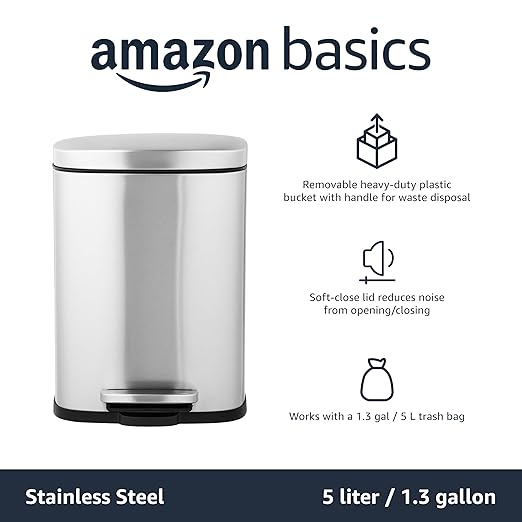 Amazon Basics Smudge Resistant Mini Rectangular Trash Can with Soft-Close Lid, Foot Pedal, Removable Inner Bucket, 5L/1.32 Gal, Brushed Stainless Steel, for Bathroom & Small Space, Satin Nickel Finish
