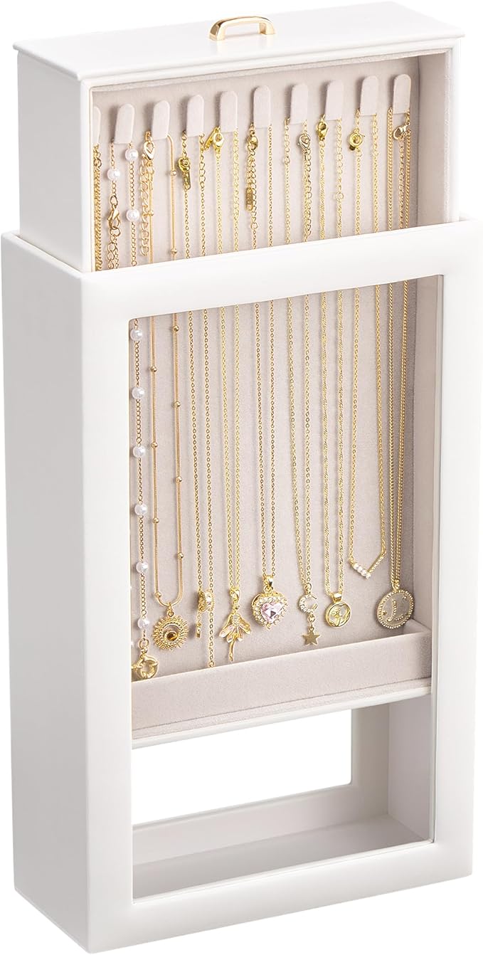 Lolalet Upgraded Double-Sided Hanging Necklace Organizer Box, Jewelry Display Case with Double-Sided Clear Window for Necklaces Bracelets, Tangle-Free Necklace Storage Box, Mothers Day Gift