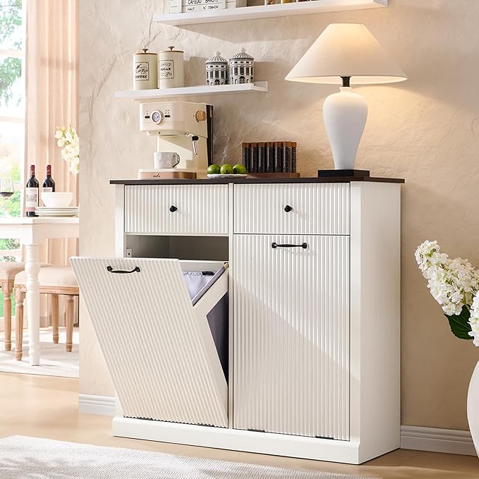 IFBUY Modern Double Tilt-Out Laundry Hamper Cabinet, 20 Gallon Fluted Trash Can Cabinet w/2 Drawers, Wooden Hidden Garbage Can Cabinets with Laundry Basket, for Bathroom and Kitchen, Antique White