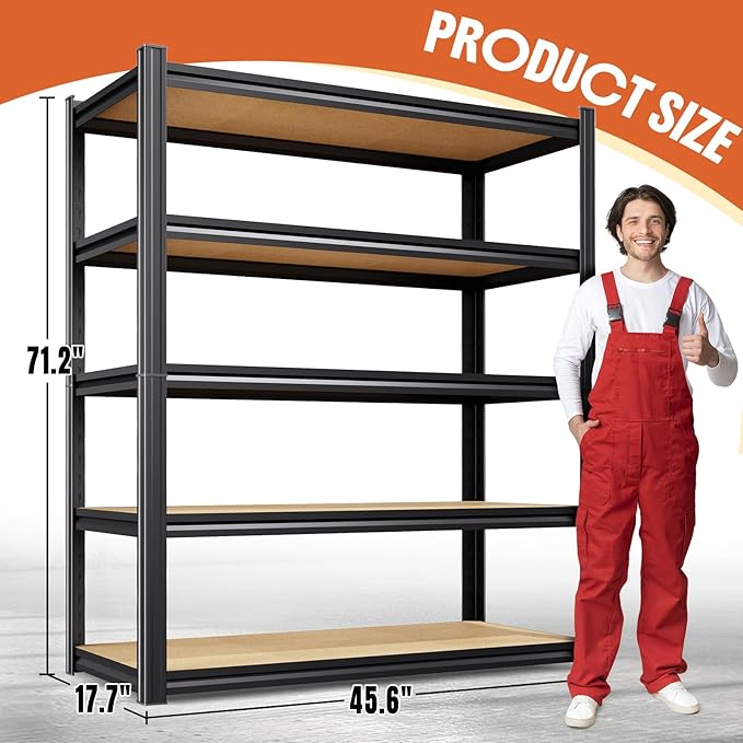 71.2" H Storage Shelves, 5 Tier Adjustable Wood Garage Shelving, Utility Tall Metal Shelving Unit, Easy to Install Standing Garage Storage for Warehouse,Bedroom,Basement,45.6" WX17.7 DX71.2 H