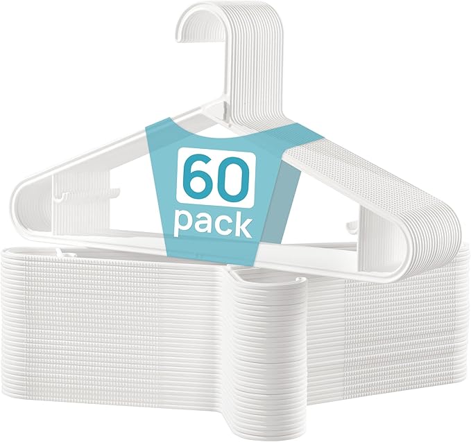 Vtopmart 60 Pack Plastic Clothes Hangers, 16.7in Standard StackFit Hangers for T-Shirt, Coats, Jackets, Sweaters, Non-Slip Slim Hanger with Hooks, Space-Saving in Closet, Durable Clothes Organizers