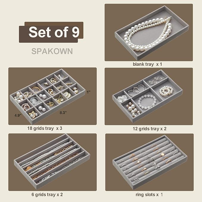 SPAKOWN Jewelry Drawer Organizer Inserts Set of 9, Velvet Jewelry Trays for Drawers, Storage for Earring, Ring, Necklace, Watch, Bracelet (Grey)